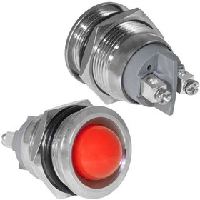 GQ19SR-R, Индикатор антивандальный , цвет красный, точечный излучатель, 12-24 В, 15 мА, гибкие выводы, никелированная латунь