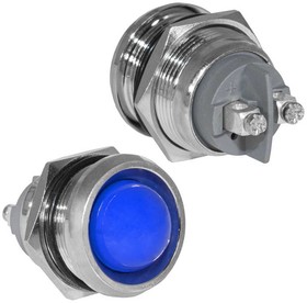 GQ22SR-B, Индикатор антивандальный , цвет синий, точечный излучатель, 12-24 В, 15 мА, гибкие выводы, никелированная латунь