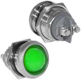 GQ22SR-G, Индикатор антивандальный , цвет зеленый, точечный излучатель, 12-24 В, 15 мА, гибкие выводы, никелированная латунь