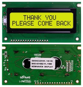 NHD-0216BZ-FL-YBW, LCD Character Display - 2 x 16 Character - STN-Yellow/Green - Yellow/Green Backlight - 84.0 x 44.0 mm