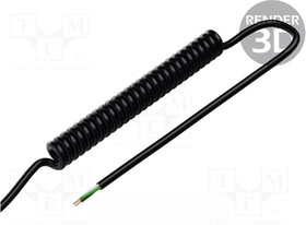 SPT00094C, Wire: coiled; 3x0,22mm2; unshielded; PUR; black; 300V; 0.3m; 1.2m