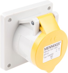 Фото 1/3 1365, IP44 Yellow Panel Mount 3P Industrial Power Socket, Rated At 16A, 110 V