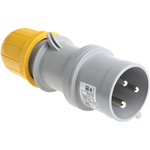 213.3230, IP44 Yellow Cable Mount 2P + E Industrial Power Plug, Rated At 32A, 110 V
