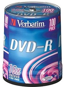 Фото 1/5 Диск DVD-R Verbatim 4.7Gb 16x Cake Box (100шт) (43549)