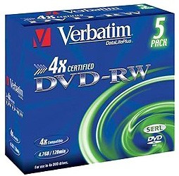 Фото 1/4 Диск DVD-RW Verbatim 4.7Gb 4x Jewel case (5шт) (43285)