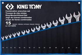 12D15MRN, KING TONY Набор комбинированных ключей, 10-32 мм, чехол из теторона, 15 предметов