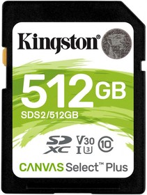 Фото 1/10 Карта памяти SDXC UHS-I U3 Kingston Canvas Select Plus 512 ГБ, 100 МБ/с, Class 10, SDS2/512GB, 1 шт., без адаптера