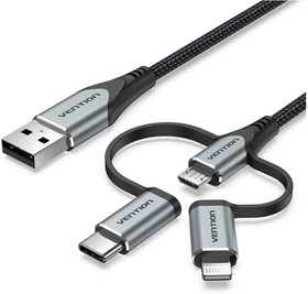 Vention CQJHF, Кабель Vention 3 в 1 USB 2.0 AM/ Micro-B, USB-C, Lightning M - 1м. Черный