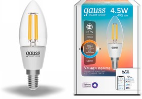 Фото 1/10 Gauss Лампа Smart Home Filament С35 4,5W 495lm 2000-6500К E14 изм.цвет.темп.+дим. LED
