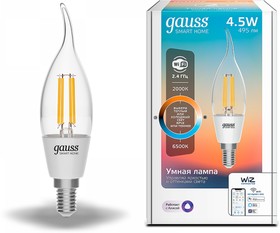 Фото 1/10 Gauss Лампа Smart Home Filament СF35 4,5W 495lm 2000-6500К E14 изм.цвет.темп.+дим. LED