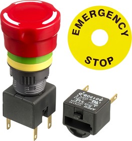 Фото 1/2 A01ES-DF1+ A0154B-D+A01YL1, A01ES-D Series Twist Release Emergency Stop Push Button, Panel Mount, 16mm Cutout, 2NC, IP40, IP65