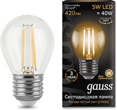 Фото 1/10 105802105, Лампа светодиодная филаментная LED 5 Вт 420 лм 2700К AC185-265В E27 шар P45 теплая Black Filament Gauss
