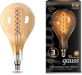 Фото 1/10 Gauss Лампа Filament А160 8W 620lm 2400К Е27 golden flexible LED