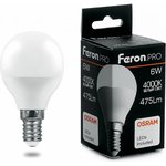 38066, Лампа светодиодная LED 6вт Е14 белый матовый шар Feron.PRO