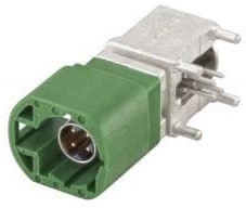 D4S20G-400A5-E, RF Connectors / Coaxial Connectors Right Angle Plug PCB w/Housing T&R Green