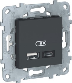 Schneider Electric Unica New Антрацит Розетка USB, 2-местная, тип А+С, 5 В / 2400 мА
