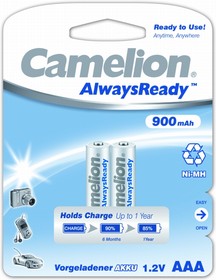 Фото 1/2 Camelion Always Ready AAA- 900mAh Ni-Mh BL-2 (NH-AAA900ARBP2, аккумулятор, 1.2В)