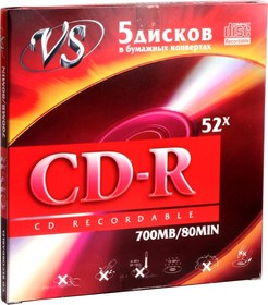 VSCDRK501, Диск CD-R VS 700 Mb, 52x, Бум. конверт (5), (5/250)