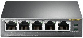 Фото 1/10 Коммутатор TP-Link TL-SF1005P (L2) 5x100Мбит/с 4PoE 58W неуправляемый