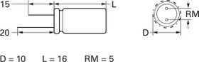 Electrolytic capacitor, 1000 µF, 16 V (DC), ±20 %, radial, pitch 5 mm, Ø 10 mm