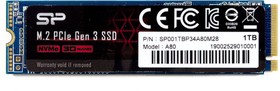 Фото 1/3 SSD M.2 Silicon Power 1.0TB A80  SP001TBP34A80M28  (PCI-E 3.0 х4, up to 3400/3000MBs, 3D TLC, DRAM, NVMe 1.3, 800TBW, 22х80мм)