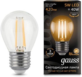 Фото 1/10 Лампа светодиодная филаментная Black Filament 5Вт P45 шар 2700К тепл. бел. E27 420лм GAUSS 105802105