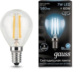 Фото 1/10 Лампа светодиодная филаментная Black Filament 7Вт P45 шар 4100К нейтр. бел. E14 580лм GAUSS 105801207
