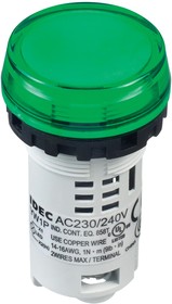 YW1P-1BUQM3G, Светодиодный индикатор в панель, Зеленый, 240 В AC, 22 мм, 20 мА, IP65