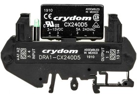 Фото 1/6 DRA1-CX240D5, Sensata Crydom DRA1-CX Series Solid State Interface Relay, 15 V dc Control, 5 A rms Load, DIN Rail Mount