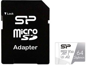Фото 1/5 Карта памяти microSDXC UHS-I U3 Silicon Power Superior 64 ГБ, 100 МБ/с, Class 10, SP064GBSTXDA2V20SP, 1 шт., переходник SD