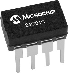 24C01C-I/P, EEPROM, 1 Кбит, 128 x 8bit, Serial I2C (2-Wire), 400 кГц, DIP, 8 вывод(-ов)