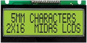 Фото 1/2 MC21605F6WE-SPTLY, MC21605F6WE-SPTLY F Alphanumeric LCD Display Yellow-Green, 2 Rows by 16 Characters, Transflective