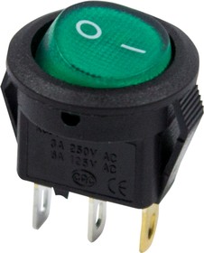 Фото 1/5 36-2533, Выключатель клавишный круглый 250V 3А (3с) ON-OFF зеленый с подсветкой Micro (RWB-106, SC-214) REXAN