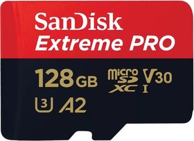 Фото 1/8 Карта памяти SanDisk Extreme Pro с адаптером microSD UHS I Card 128GB for 4K Video on Smartphones, Action Cams & Drones 200MB/s Read, 90MB/s