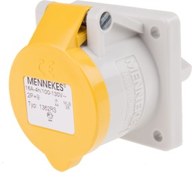 Фото 1/3 1362, IP44 Yellow Panel Mount 3P Industrial Power Socket, Rated At 16A, 110 V
