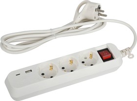 Фото 1/5 Удлинитель электрический ЭРА UB-3es-1,5m-USB c заземлением с выключателем 3 розетки + 1xUSBA+1xUSBC 1,5м 10А Б0052897