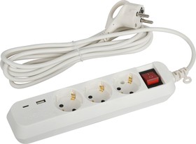 Фото 1/6 Удлинитель электрический ЭРА UB-3es-3m-USB c заземлением с выключателем 3 розетки + 1xUSBA+1xUSBC 3м 10А Б0052898