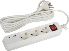Фото 1/6 Удлинитель электрический ЭРА UB-3es-5m-USB c заземлением с выключателем 3 розетки + 1xUSBA+1xUSBC 5м 10А Б0052899