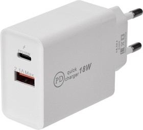 Фото 1/4 16-0278, Сетевое зарядное устройство для iPhone/iPad Type-C + USB 3.0 с Quick charge, белое