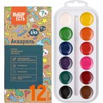 Watercolor paints are available in 12 colors, used brushes, cardboard