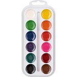 Watercolor paints are available in 12 colors, used brushes, cardboard