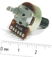 Фото 1/2 Резистор переменный поворотный 100 кОм, линейная B, длина 16мм, вал 6x12; №4554 РПвр 100к\B\16мм\F6x12\ YRV-R1615G.B100KL12F\