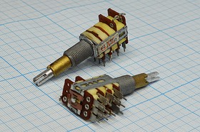 Фото 1/2 Резистор переменный, поворотный 20кОмx2/50кОм, линейность A/W, ширина 13мм, вал и размеры S5x35Dual, 60Z