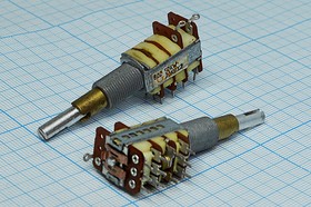 Фото 1/2 Резистор переменный, поворотный 20кОмx2/50кОм, линейность B/W, ширина 13мм, вал и размеры S5x35Dual, 80Z