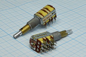 Фото 1/2 Резистор переменный, поворотный 20кОмx4, линейность A, ширина 13мм, вал и размеры S5x35Dual, 6NZ