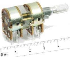 Фото 1/2 Резистор переменный поворотный строенный 50кОм, линейный; №7218 B РПвр 50кx4\0,125\17x27\KC d6x20\B\YRV-RTT16\ 1\