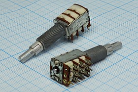 Фото 1/2 Резистор переменный, поворотный 50кОмx2/50кОм, линейность A/B, ширина 13мм, вал и размеры S5x35Dual, 15A50KX2 3B50K