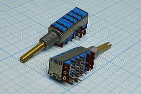 Фото 1/2 Резистор переменный, поворотный 50кОмx2/50кОм, линейность A/W, ширина 13мм, вал и размеры S5x33, BHT