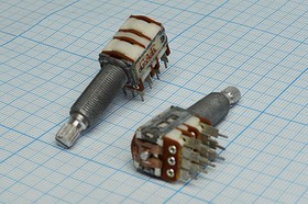 Фото 1/2 Резистор переменный, поворотный 50кОмx4, линейность B, ширина 13мм, вал и размеры KC6x30, 08Z