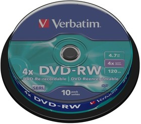 Фото 1/5 Диск DVD-RW Verbatim 4.7Gb 4x Cake Box (10шт) (43552)